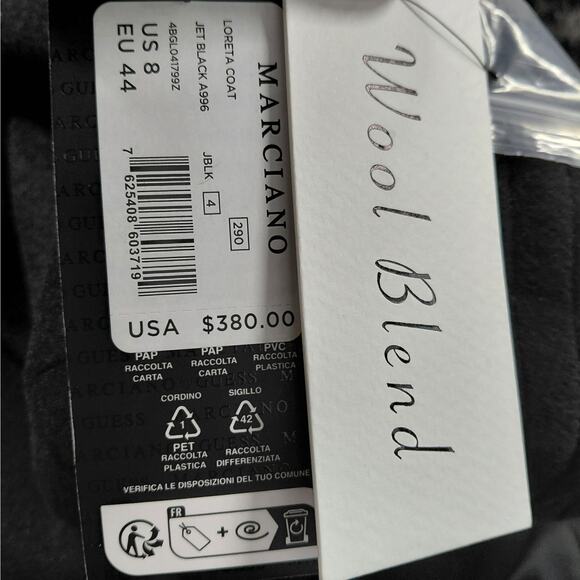 $380 NWT Marciano Loreta Women’s Wool Blend Belted Coat Size 8 Black Fur Collar - Picture 14 of 16